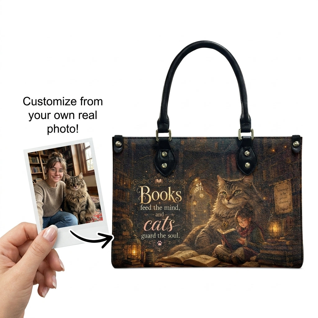 Custom Photo Personalized Leather Handbag Bookaholic Cat Woman