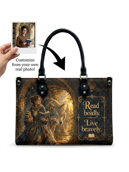 Custom Photo Leather Handbag - Personalized Enchanted Unicorn Leather Tote Bag - Book Lover Handbag