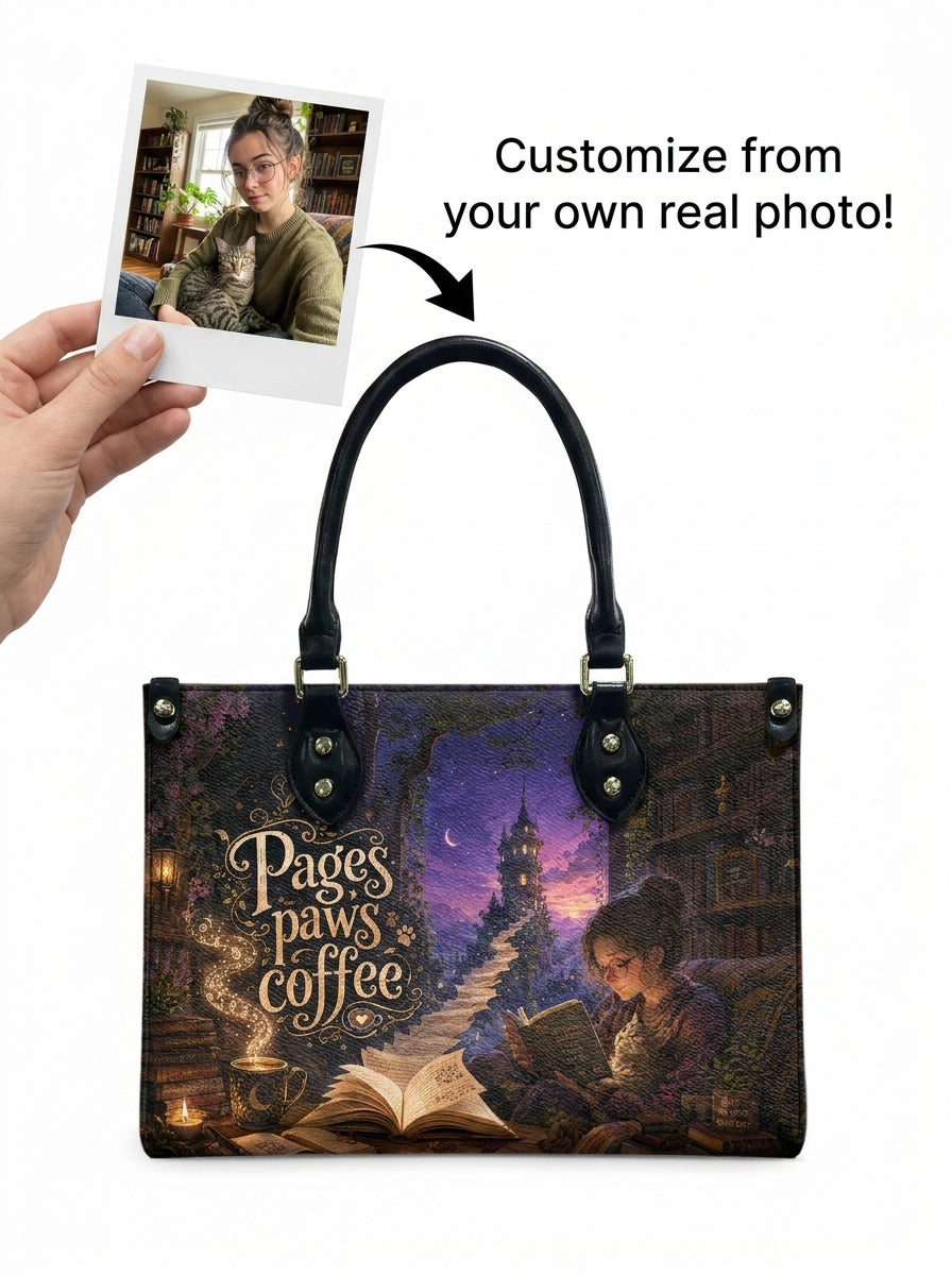 Custom Photo Leather Handbag - Personalized Cat, Book, Coffee Woman Handbag