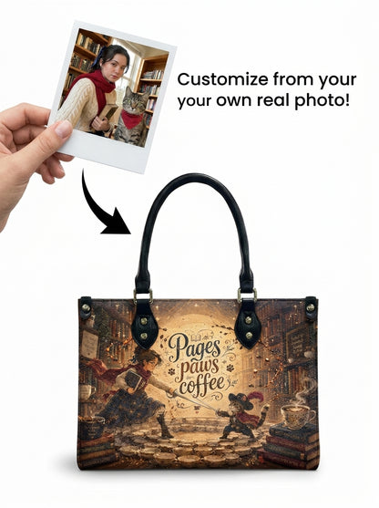 Custom Photo Leather Handbag - Personalized Book, Cat, Coffee Woman Handbag