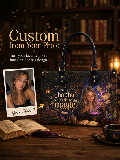 Custom Photo Leather Handbag - Personalized Book Lover Tote with Secure Zipper