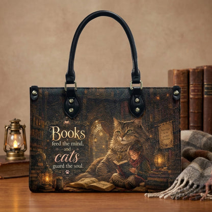 Custom Photo Personalized Leather Handbag Bookaholic Cat Woman