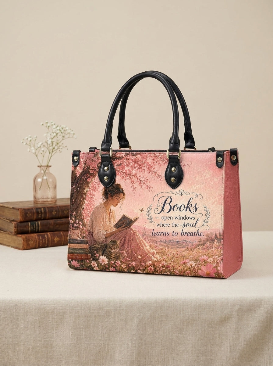 Custom Photo Leather Handbag - Personalized Floral Book Girl with Cat Handbag
