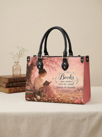 Custom Photo Leather Handbag - Personalized Floral Book Girl with Cat Handbag