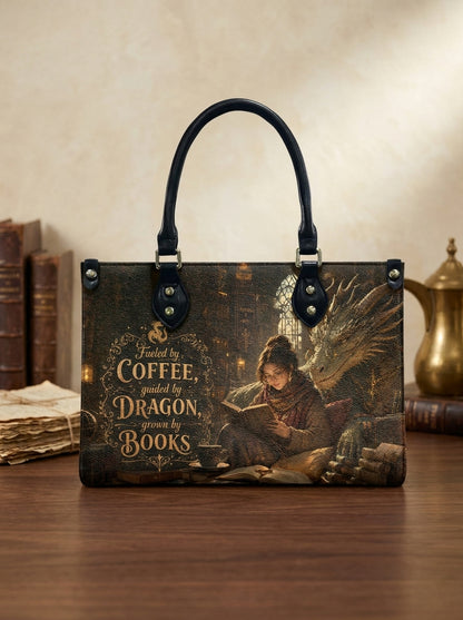 Custom Photo Leather Handbag - Personalized Book Coffee Dragon Girl Handbag