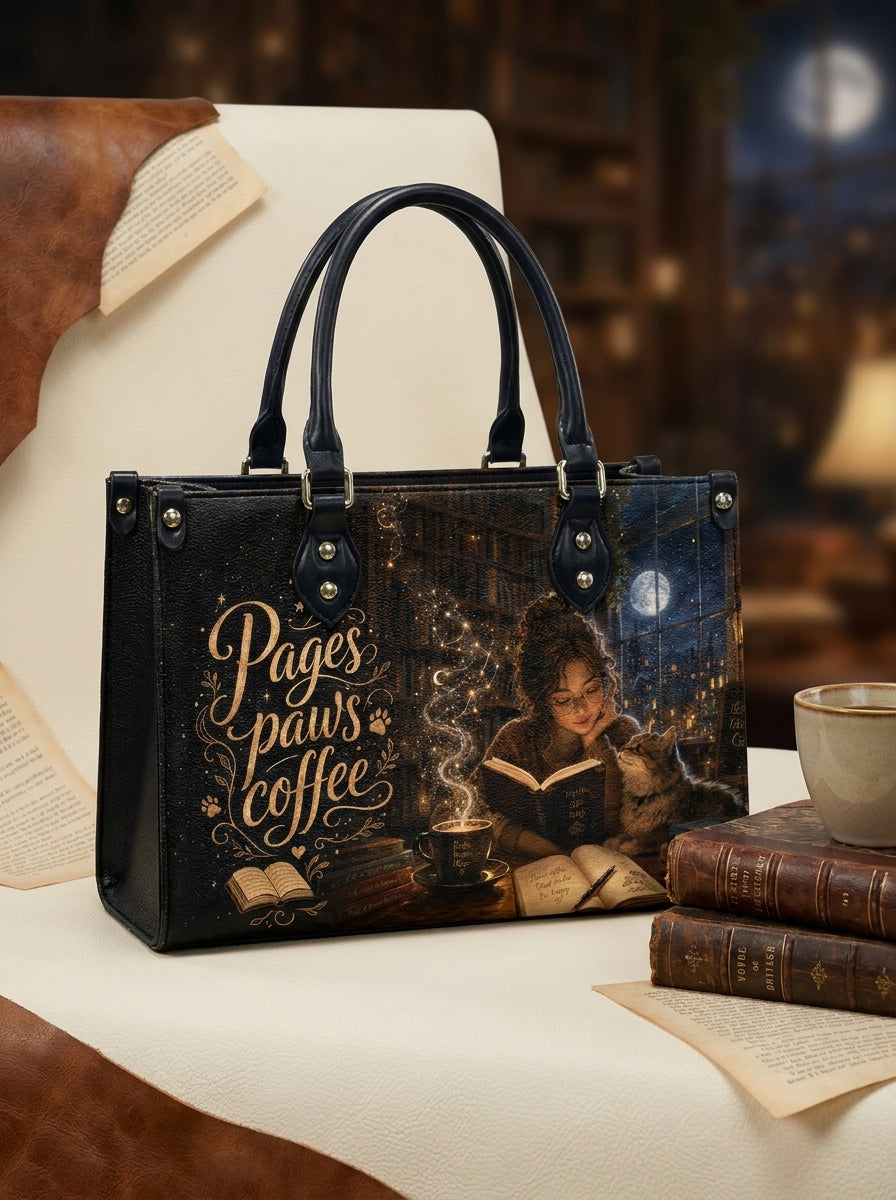 Custom Photo Leather Handbag - Personalized Cat, Book, Coffee Girl Handbag