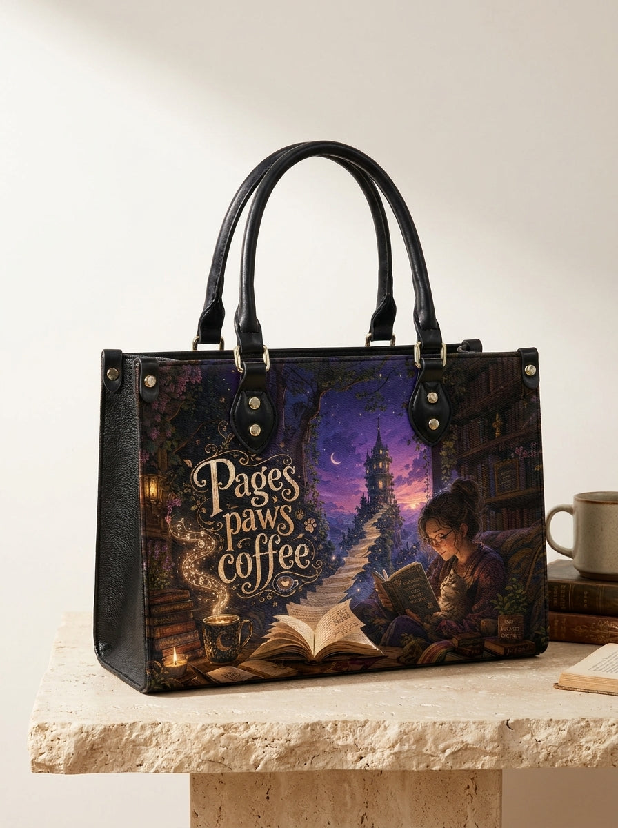 Custom Photo Leather Handbag - Personalized Cat, Book, Coffee Woman Handbag