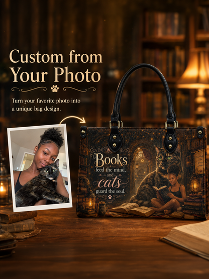 Custom Photo Personalized Leather Handbag Bookaholic Cat Woman
