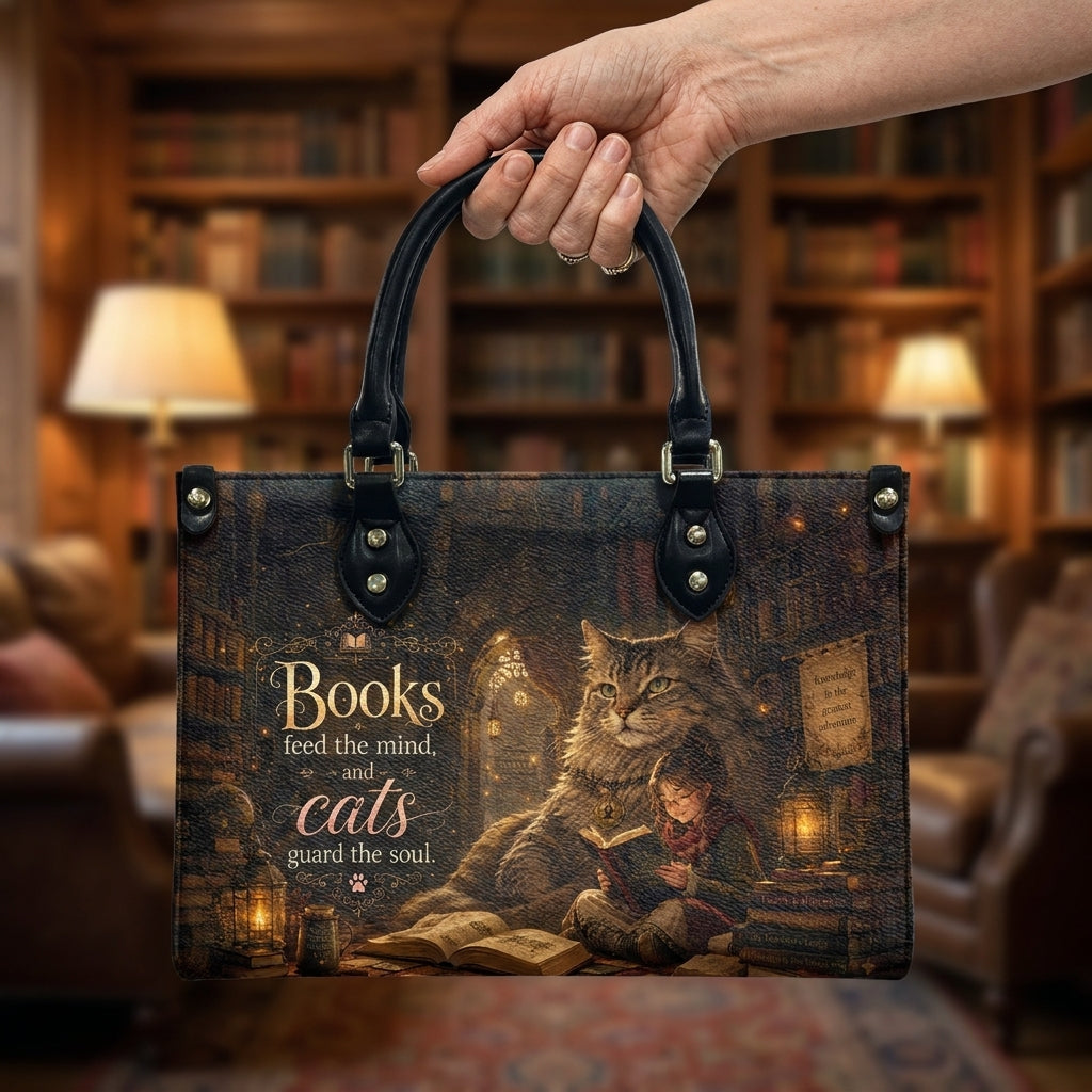 Custom Photo Personalized Leather Handbag Bookaholic Cat Woman