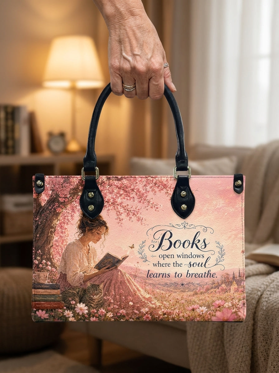 Custom Photo Leather Handbag - Personalized Floral Book Girl with Cat Handbag