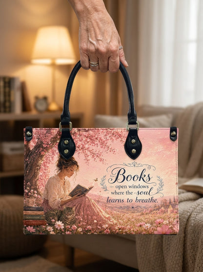 Custom Photo Leather Handbag - Personalized Floral Book Girl with Cat Handbag