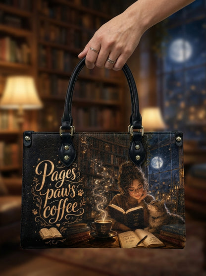 Custom Photo Leather Handbag - Personalized Cat, Book, Coffee Girl Handbag