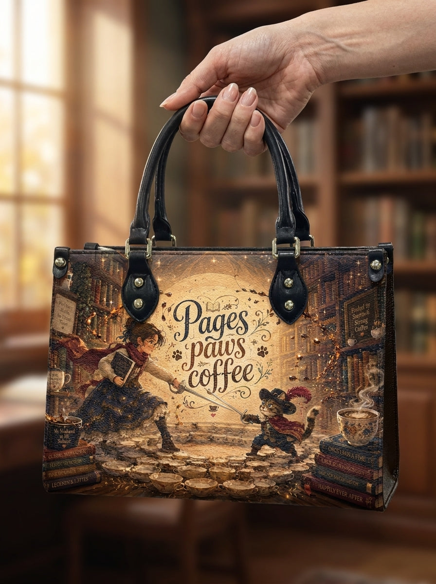 Custom Photo Leather Handbag - Personalized Book, Cat, Coffee Woman Handbag