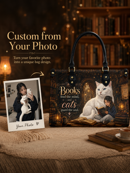 Custom Photo Personalized Leather Handbag Bookaholic Cat Woman