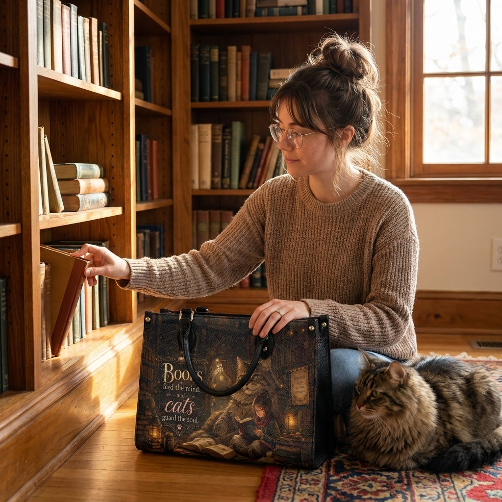 Custom Photo Personalized Leather Handbag Bookaholic Cat Woman