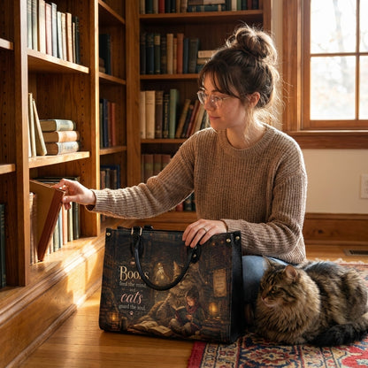 Custom Photo Personalized Leather Handbag Bookaholic Cat Woman
