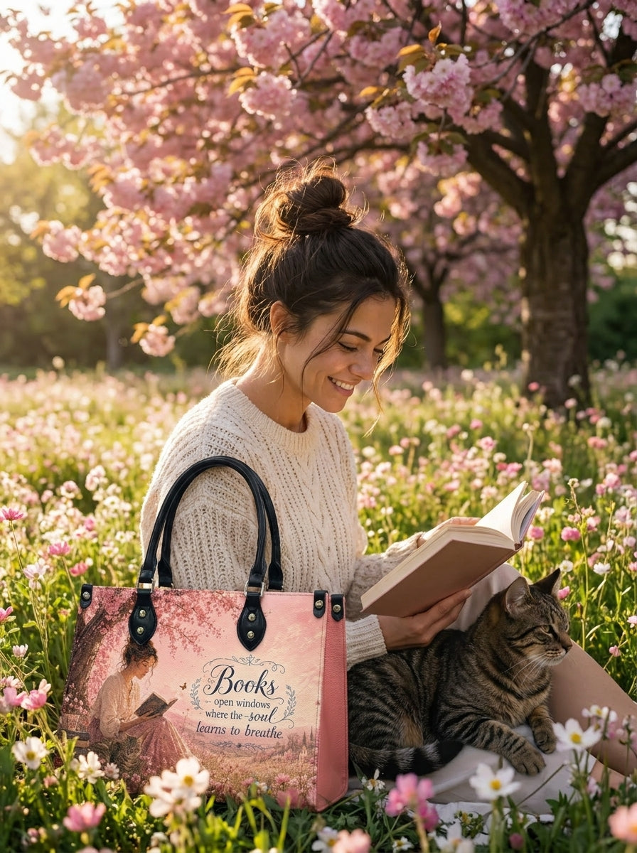 Custom Photo Leather Handbag - Personalized Floral Book Girl with Cat Handbag