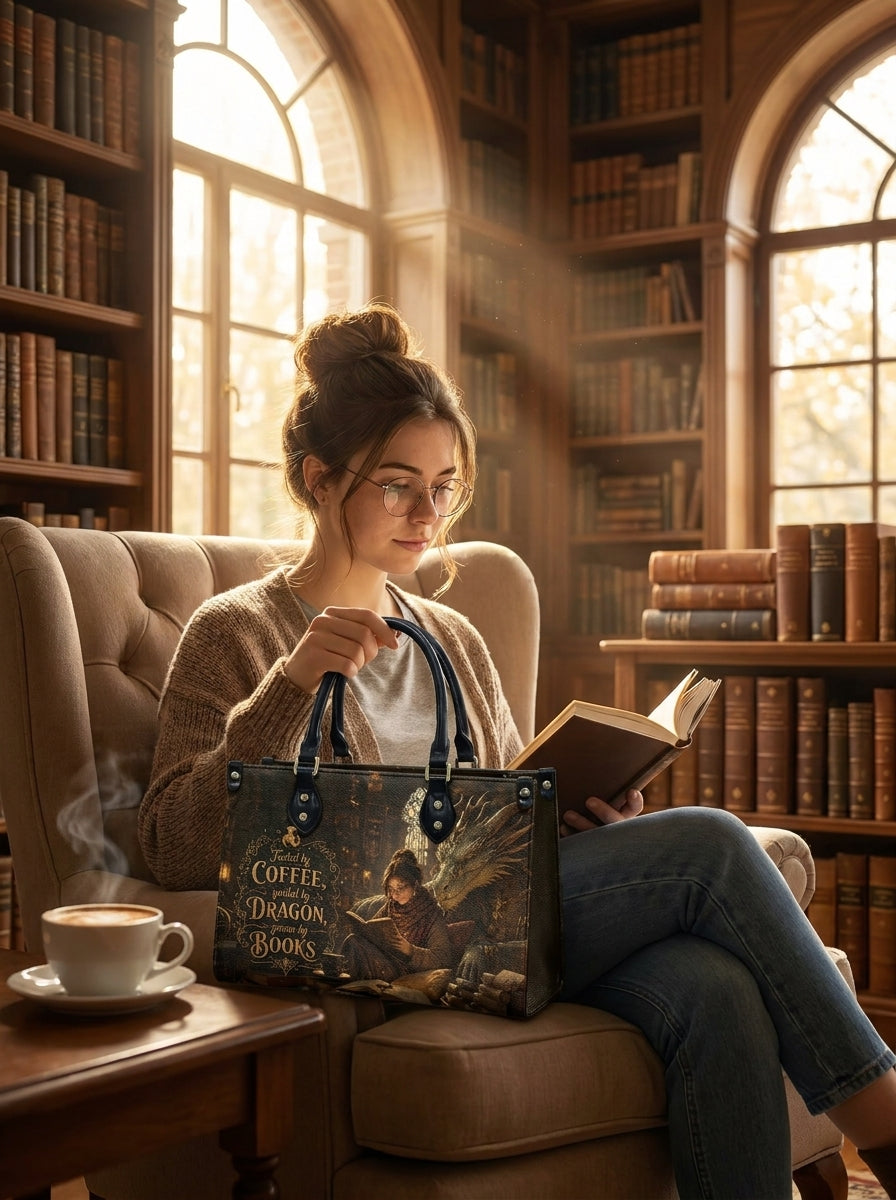 Custom Photo Leather Handbag - Personalized Book Coffee Dragon Girl Handbag