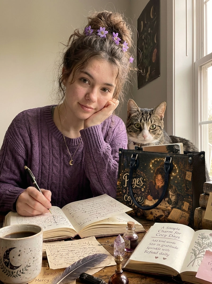 Custom Photo Leather Handbag - Personalized Book, Cat, Coffee Girl Handbag