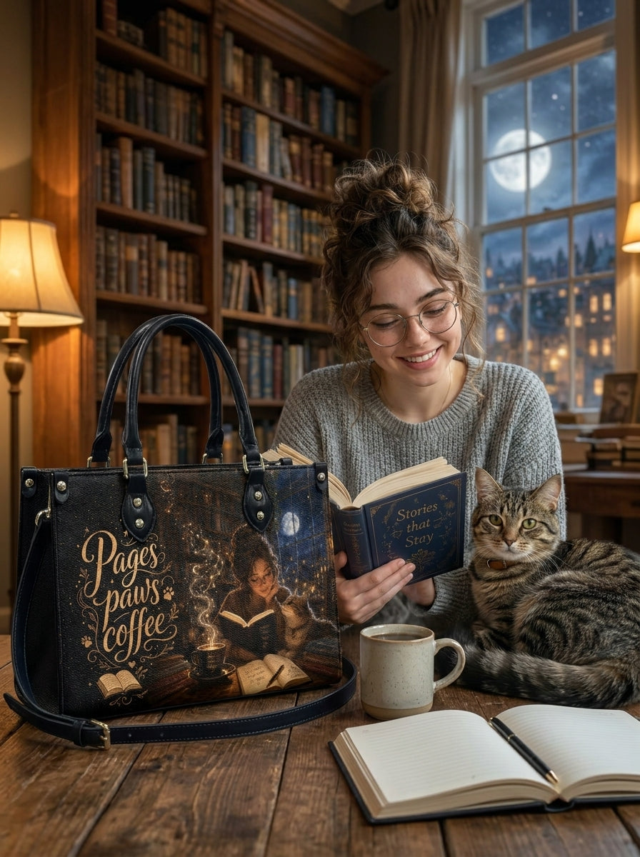 Custom Photo Leather Handbag - Personalized Cat, Book, Coffee Girl Handbag