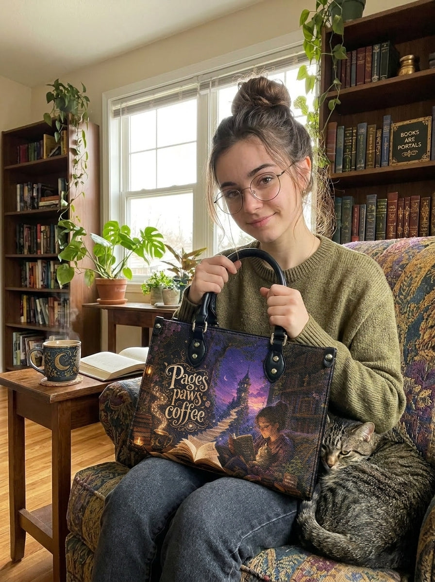 Custom Photo Leather Handbag - Personalized Cat, Book, Coffee Woman Handbag