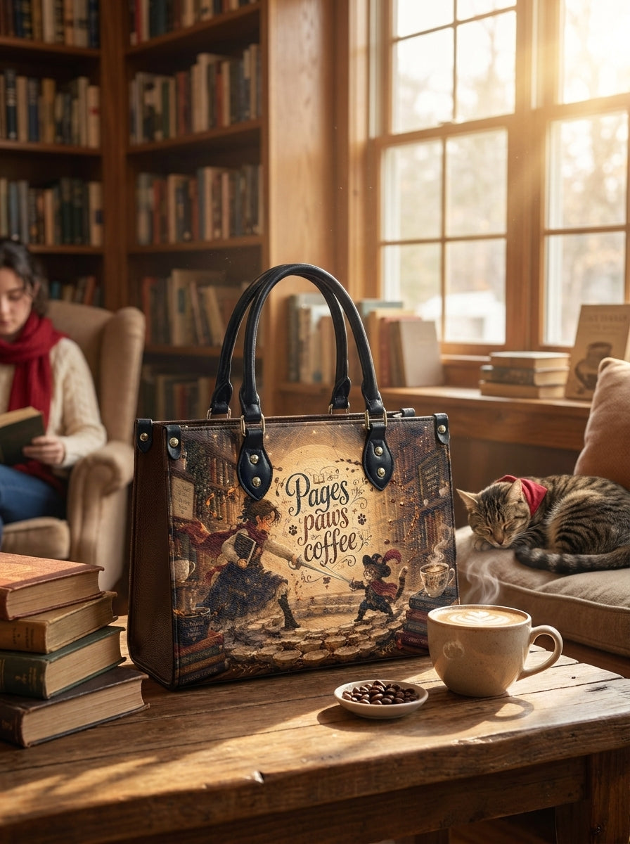 Custom Photo Leather Handbag - Personalized Book, Cat, Coffee Woman Handbag