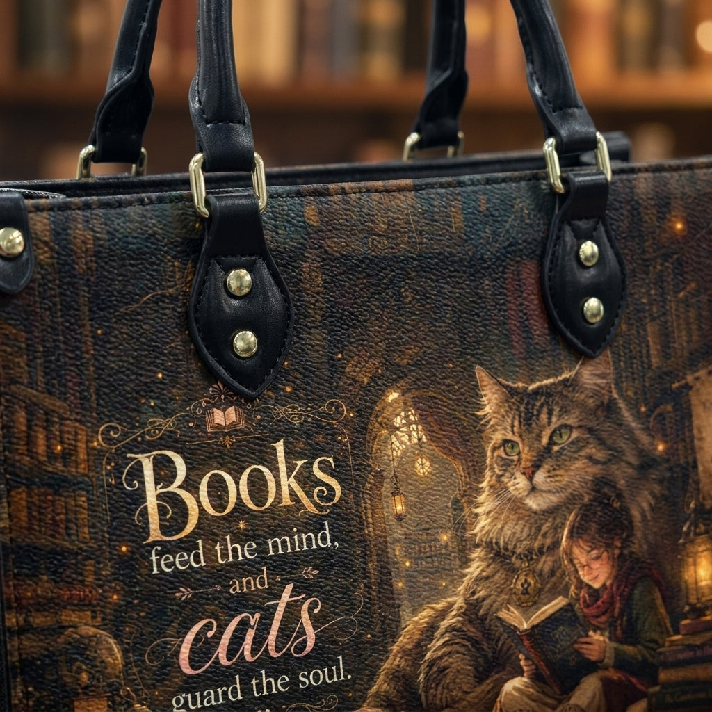 Custom Photo Personalized Leather Handbag Bookaholic Cat Woman