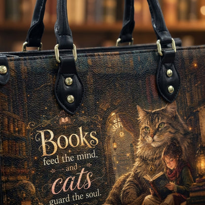 Custom Photo Personalized Leather Handbag Bookaholic Cat Woman