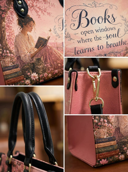 Custom Photo Leather Handbag - Personalized Floral Book Girl with Cat Handbag