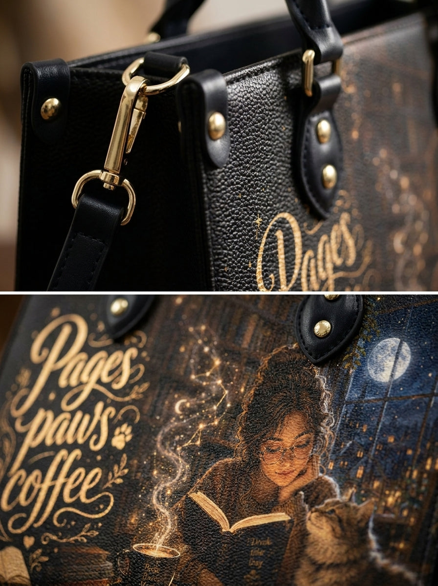 Custom Photo Leather Handbag - Personalized Cat, Book, Coffee Girl Handbag