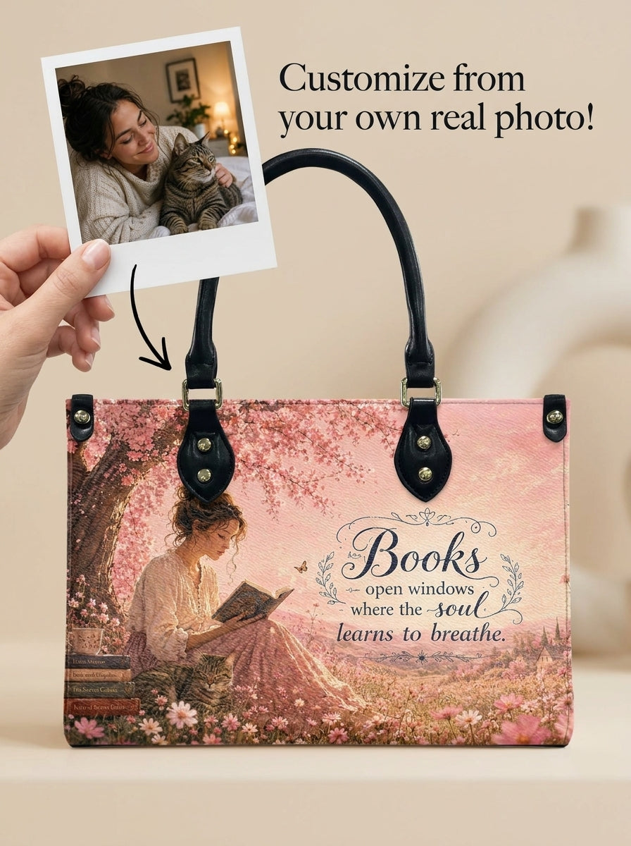 Custom Photo Leather Handbag - Personalized Floral Book Girl with Cat Handbag