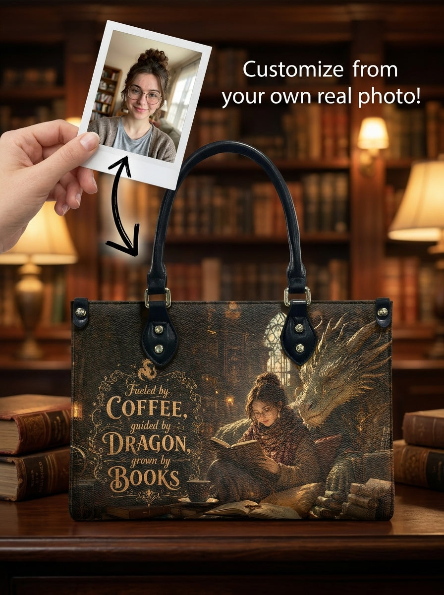Custom Photo Leather Handbag - Personalized Book Coffee Dragon Girl Handbag