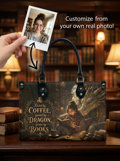 Custom Photo Leather Handbag - Personalized Book Coffee Dragon Girl Handbag