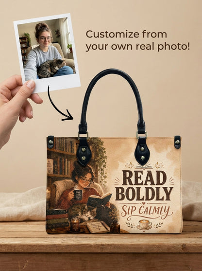 Custom Photo Leather Handbag - Personalized Book, Cat, Coffee Girl Handbag