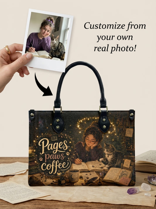 Custom Photo Leather Handbag - Personalized Book, Cat, Coffee Girl Handbag