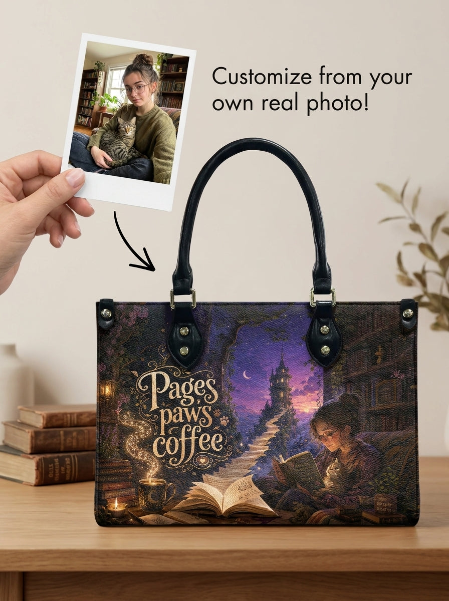 Custom Photo Leather Handbag - Personalized Cat, Book, Coffee Woman Handbag