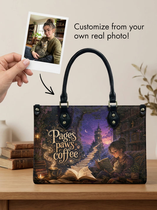 Custom Photo Leather Handbag - Personalized Cat, Book, Coffee Woman Handbag