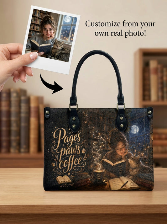 Custom Photo Leather Handbag - Personalized Cat, Book, Coffee Girl Handbag