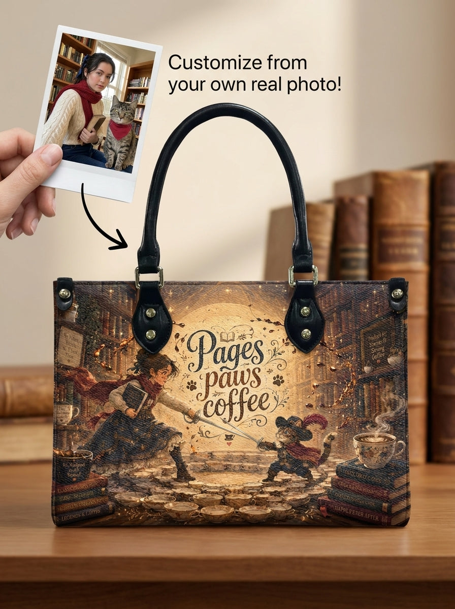 Custom Photo Leather Handbag - Personalized Book, Cat, Coffee Woman Handbag
