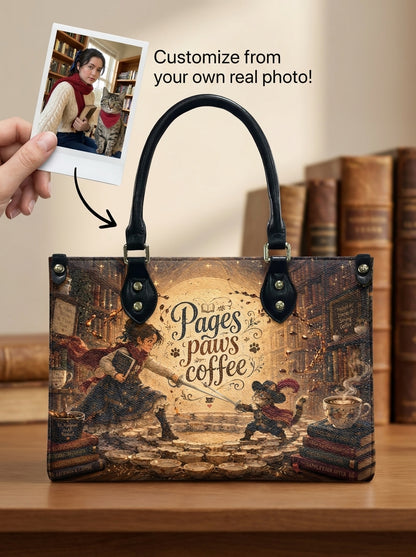 Custom Photo Leather Handbag - Personalized Book, Cat, Coffee Woman Handbag