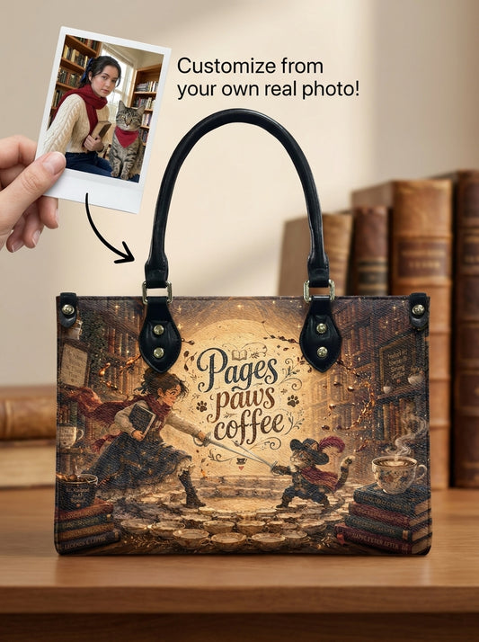 Custom Photo Leather Handbag - Personalized Book, Cat, Coffee Woman Handbag
