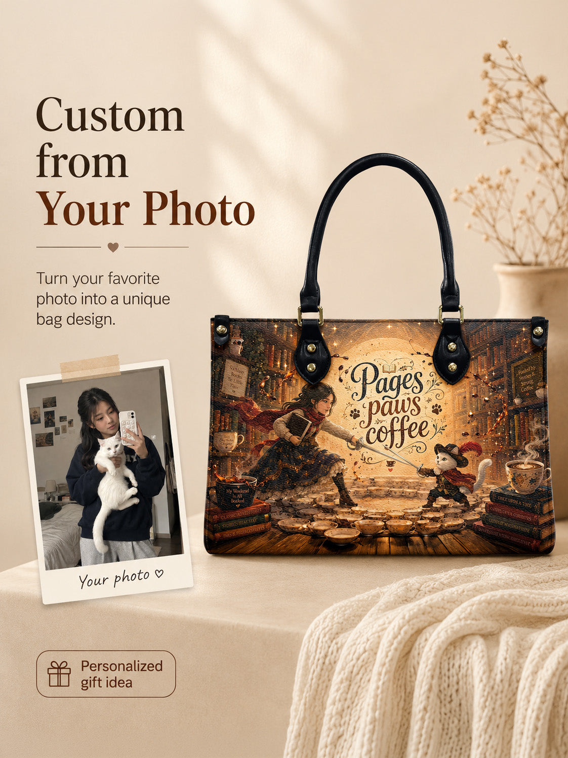Custom Photo Leather Handbag - Personalized Book, Cat, Coffee Woman Handbag
