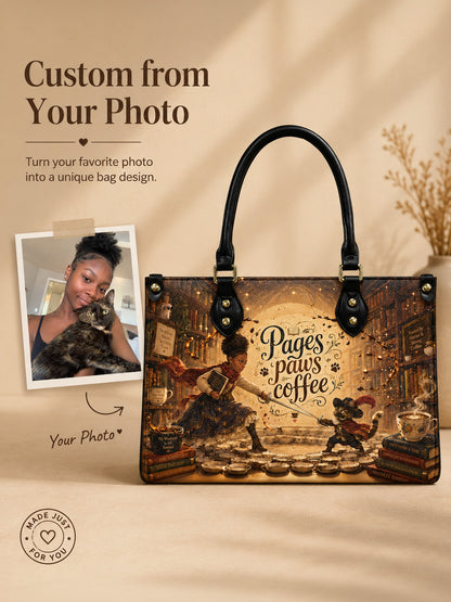 Custom Photo Leather Handbag - Personalized Book, Cat, Coffee Woman Handbag
