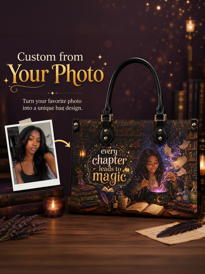 Custom Photo Leather Handbag - Personalized Book Lover Tote with Secure Zipper