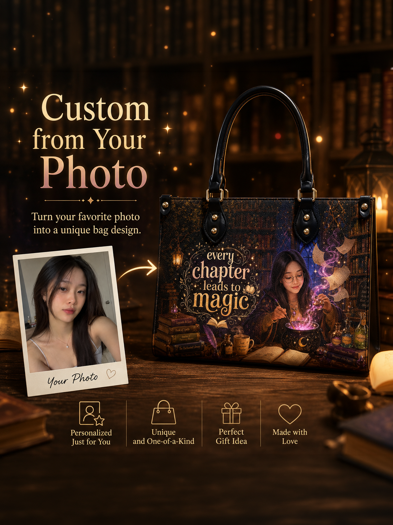 Custom Photo Leather Handbag - Personalized Book Lover Tote with Secure Zipper