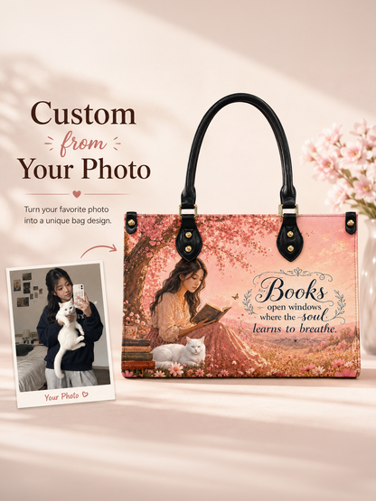 Custom Photo Leather Handbag - Personalized Floral Book Girl with Cat Handbag