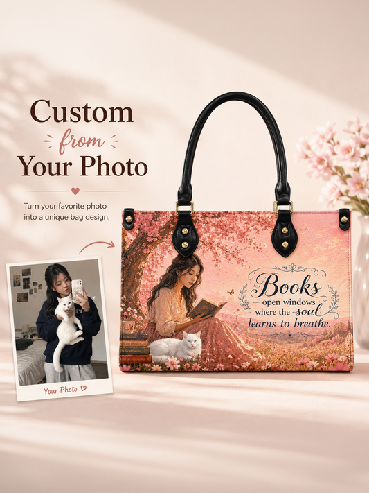 Custom Photo Leather Handbag - Personalized Floral Book Girl with Cat Handbag