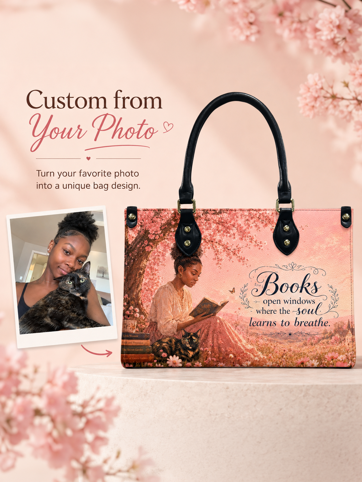 Custom Photo Leather Handbag - Personalized Floral Book Girl with Cat Handbag