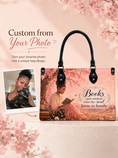 Custom Photo Leather Handbag - Personalized Floral Book Girl with Cat Handbag