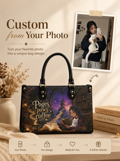 Custom Photo Leather Handbag - Personalized Cat, Book, Coffee Woman Handbag